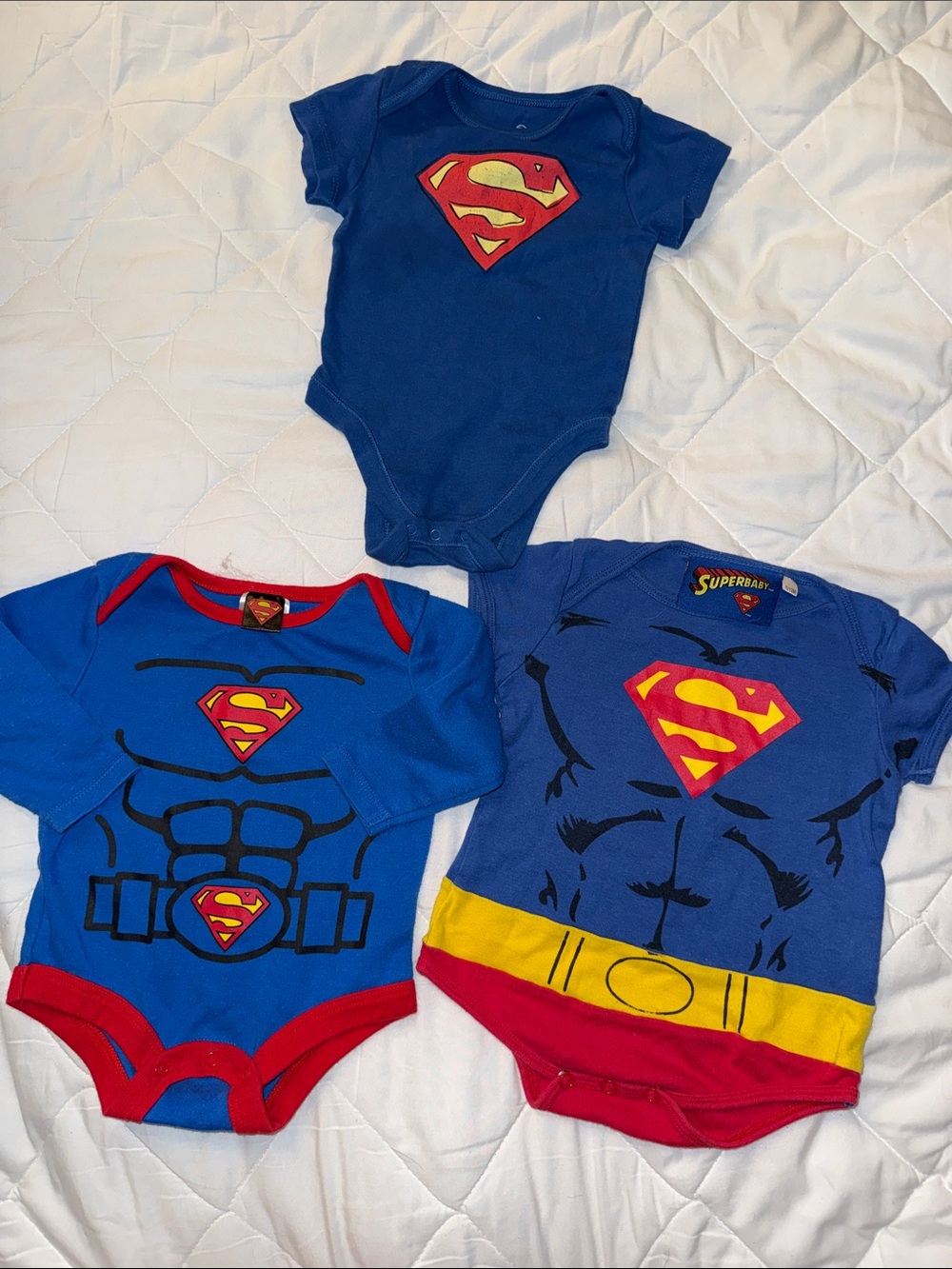 6/12m Superman Baby Bodysuit Trio - Blue, Red, Yellow baby boy super baby